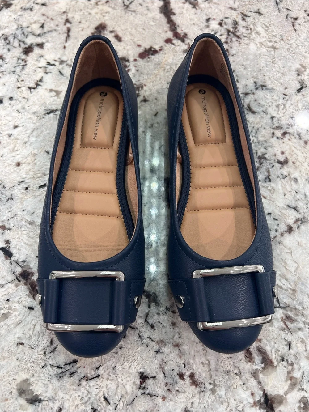 Metro Collection Navy Espadrille-Inspired Ballet Flats with Silver Buckle